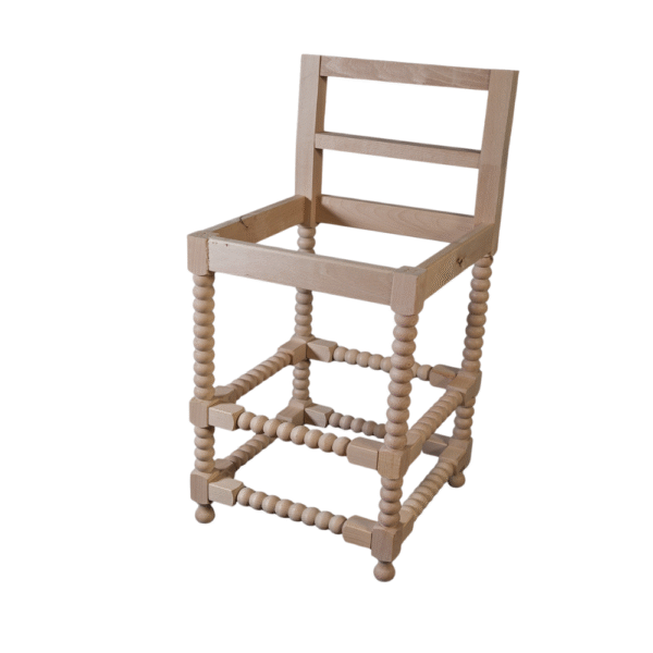 A minimalist unfinished wooden bar stool featuring a spindle leg design, highlighting its simple and functional construction.