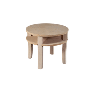 A minimalist wooden round side table with a lower shelf, ideal for living rooms or bedrooms.