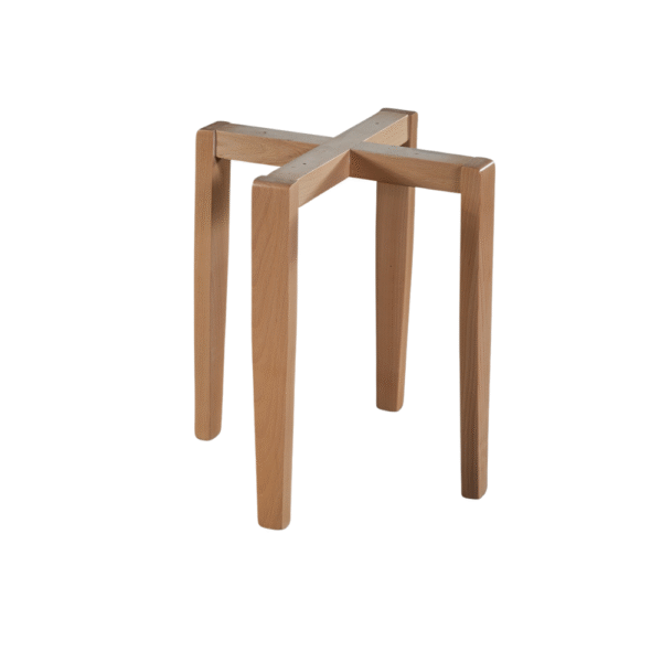 A minimalist wooden stool featuring a simple design with crossed legs, perfect for contemporary interiors.