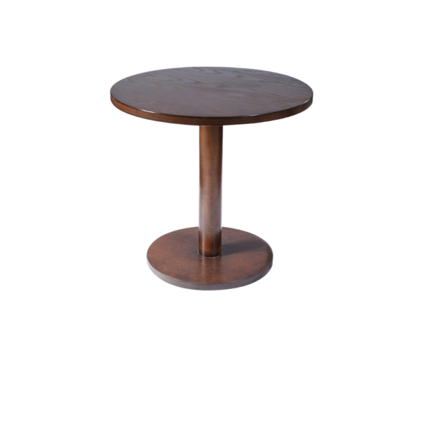 A modern round wooden coffee table with a sturdy circular base and slender pedestal.