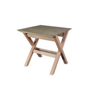 A stylish wooden folding table with a green surface and cross leg design