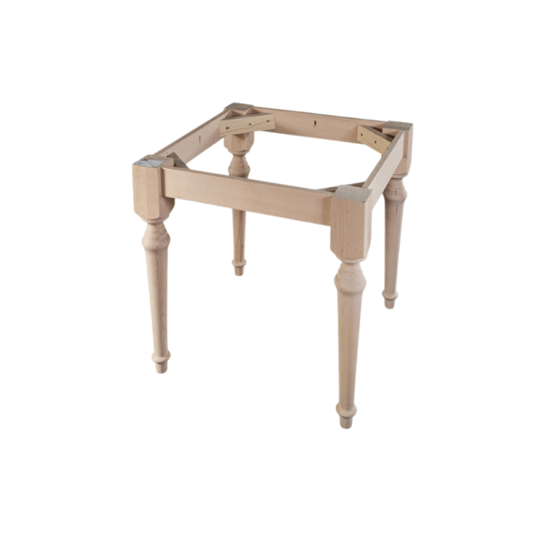 Unfinished wooden table frame with four decorative legs, suitable for DIY furniture projects.