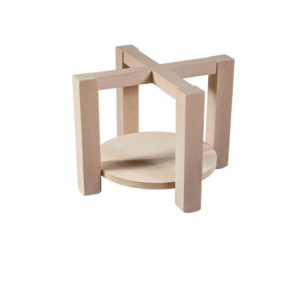Minimalist wooden display stand with cross legs and circular base