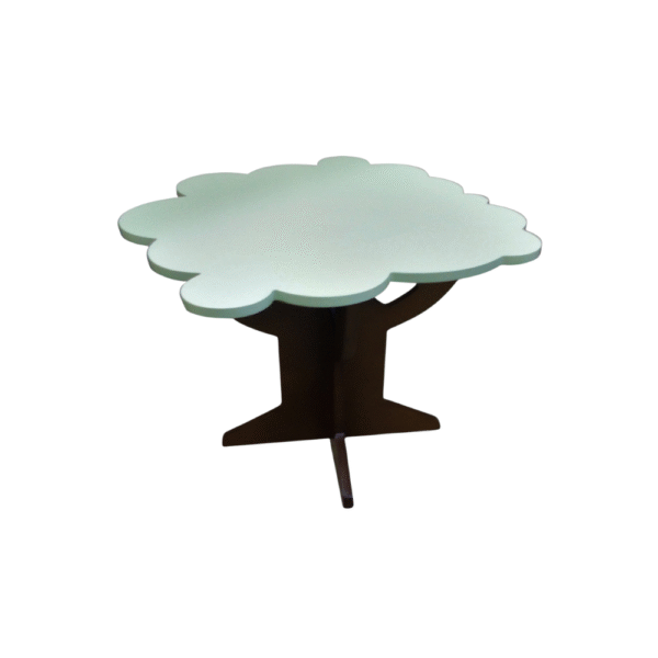 A unique coffee table designed in the shape of a tree, featuring a curved green top and a sturdy brown base.