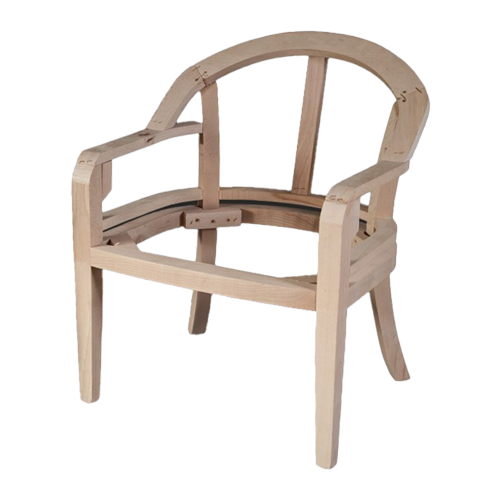 Unfinished wooden chair frame showcasing minimalist design and craftsmanship