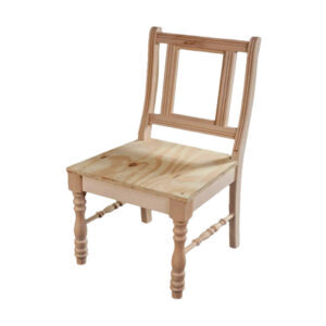 A plain wooden chair with a minimalist design, featuring a square seat and turned legs.