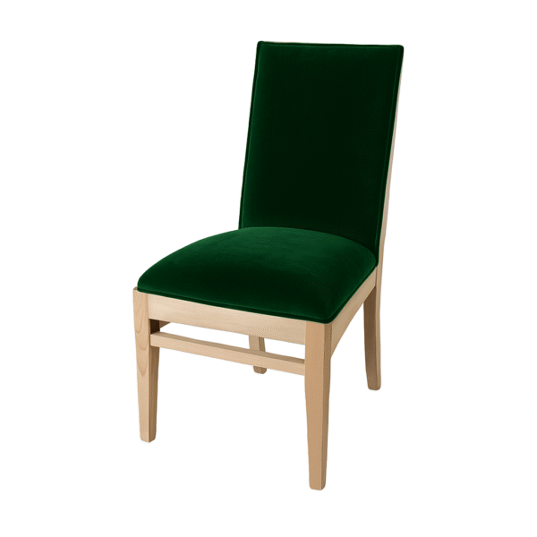 A stylish green velvet dining chair with a wooden frame, perfect for modern interiors.