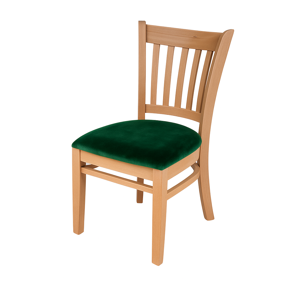 A wooden chair featuring a green velvet seat, designed for comfort and style.