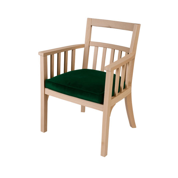 A wooden chair featuring a minimalist design and a plush green velvet cushion.
