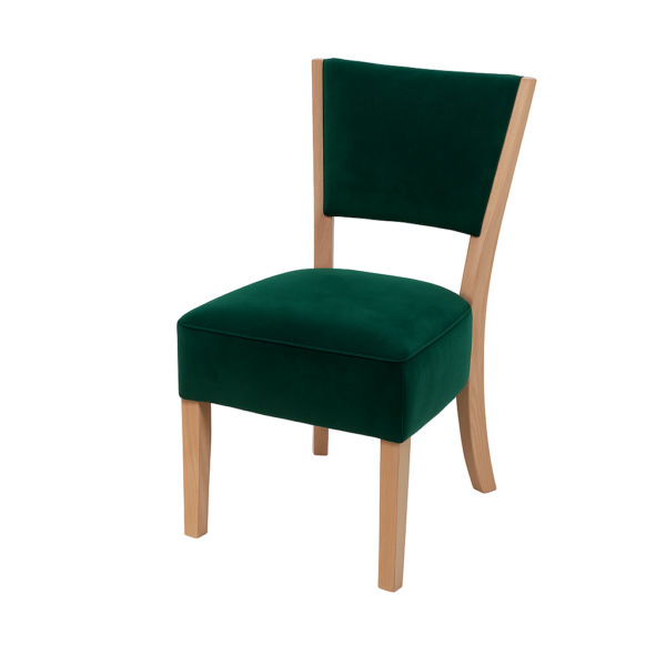 Stylish green velvet chair with wooden frame, perfect for dining rooms or modern decor.