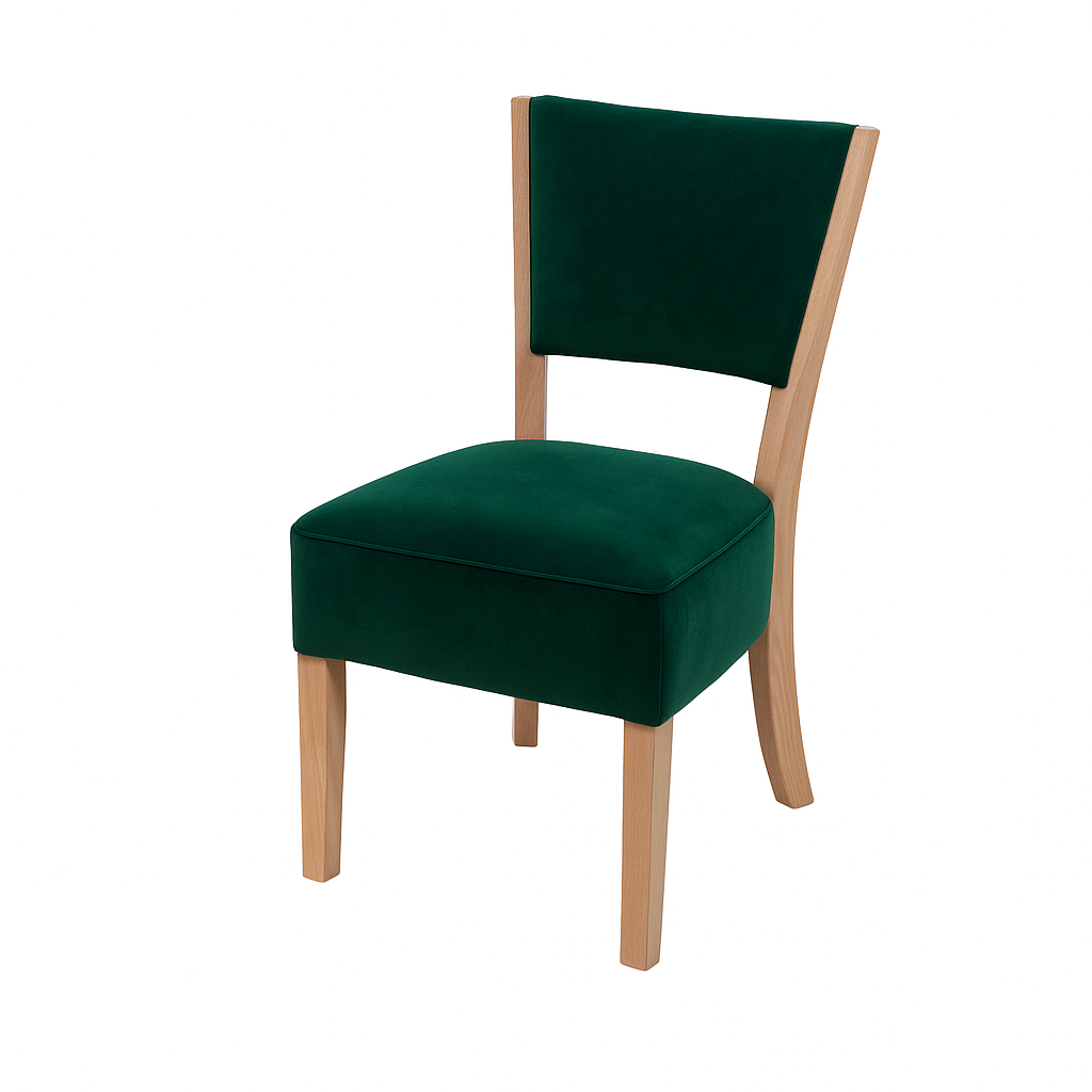Stylish green velvet chair with wooden frame, perfect for dining rooms or modern decor.