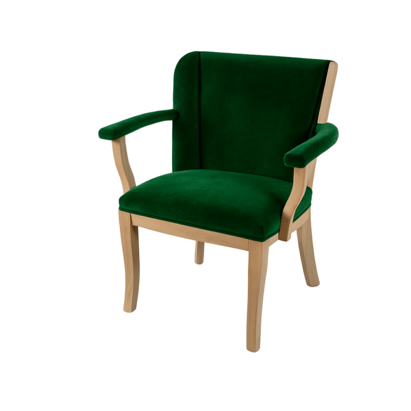A stylish green velvet armchair with wooden legs and armrests