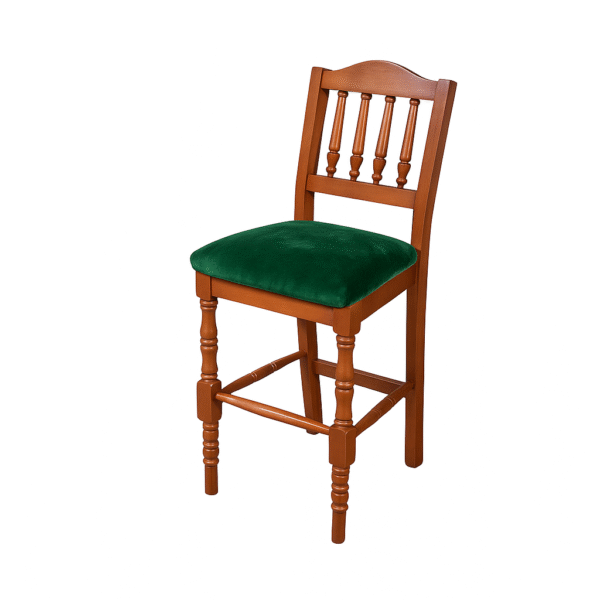 A classic wooden bar stool featuring a solid wood frame and a green upholstered seat.
