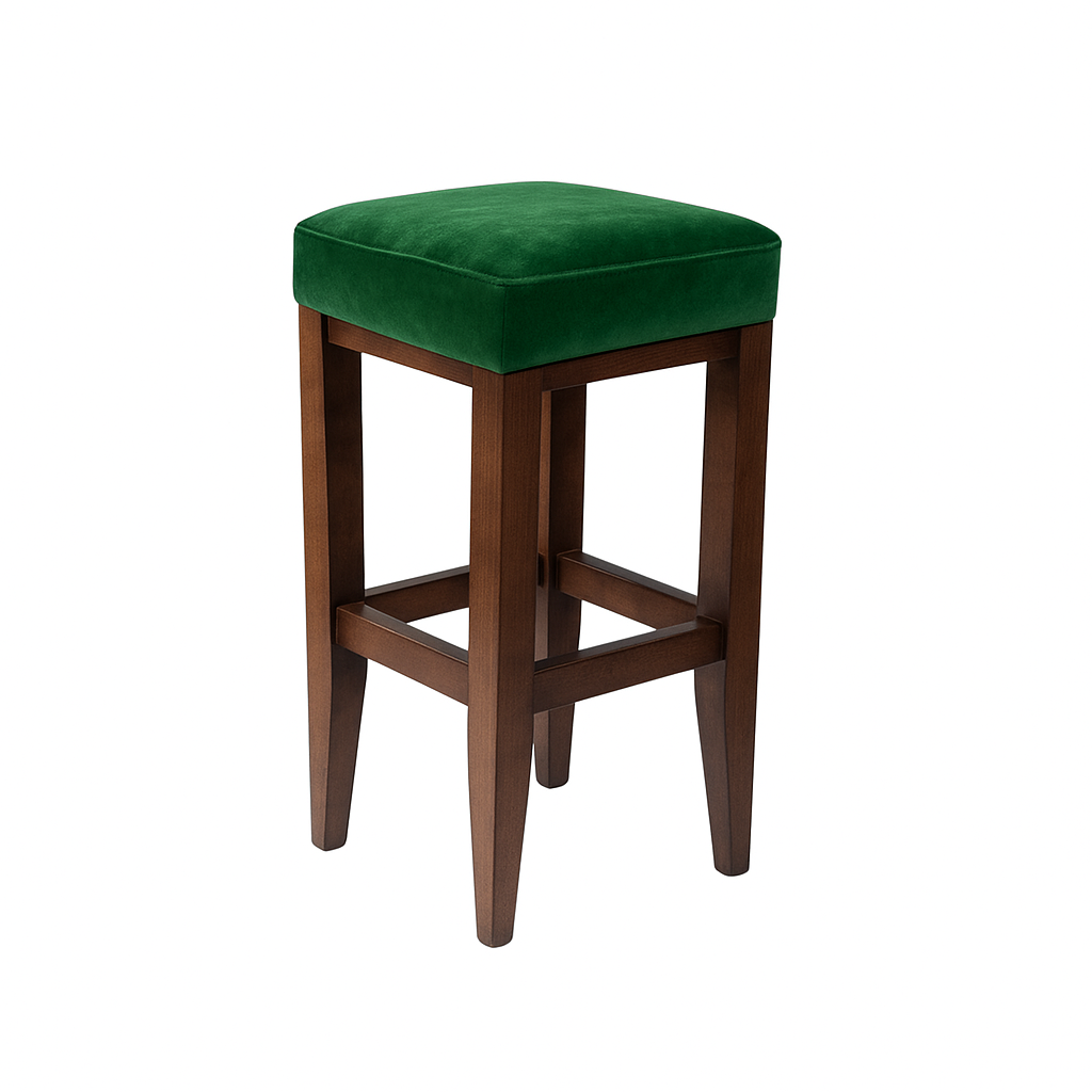 A stylish green velvet bar stool with a wooden frame, perfect for modern interiors.