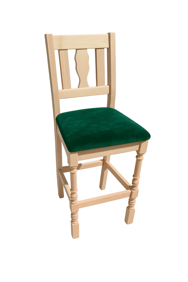 A wooden bar stool featuring a natural finish and a green cushioned seat.