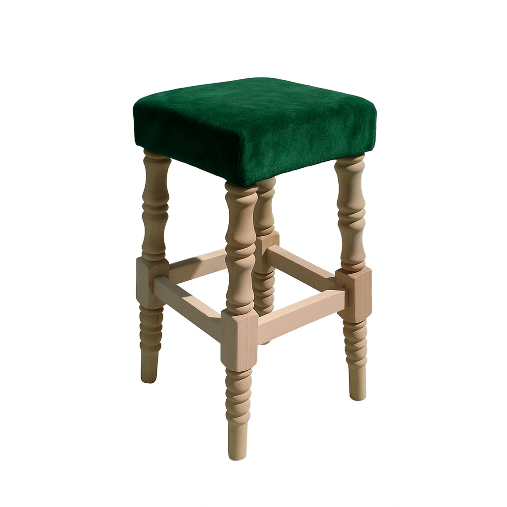 A stylish green velvet upholstered wooden bar stool with turned legs and a simple design, perfect for home or commercial use.