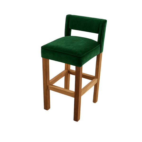 Stylish green velvet bar stool with a wooden frame and modern design