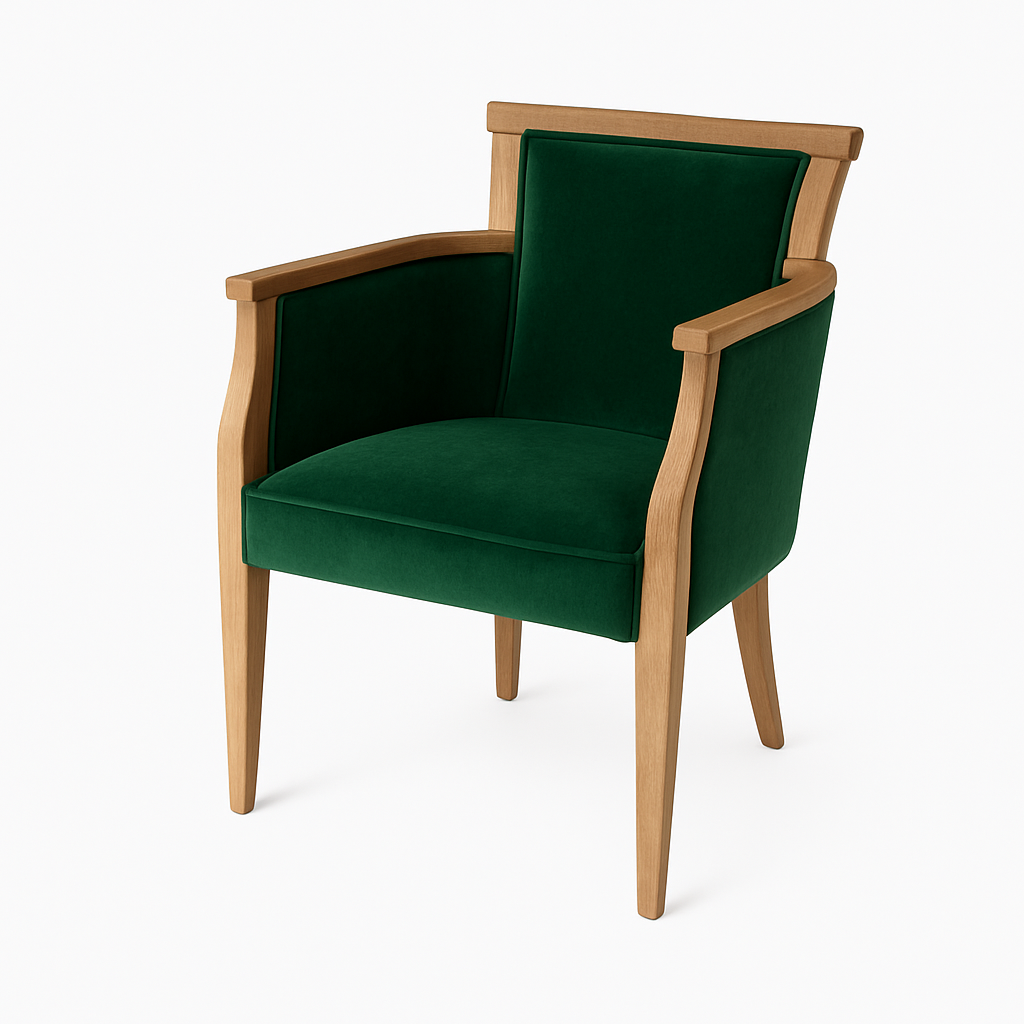 A stylish green velvet armchair featuring a wooden frame and armrests, perfect for modern interior design.