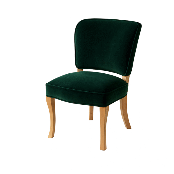 A stylish green velvet chair on wooden legs, perfect for home decor and furniture design.
