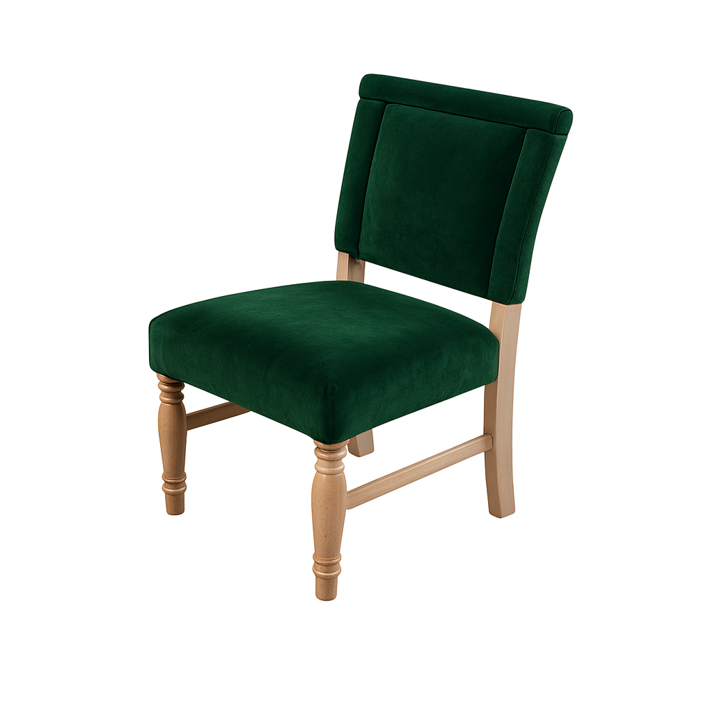 A stylish green upholstered dining chair with wooden legs, suitable for modern interiors.
