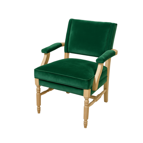 A stylish green velvet armchair with wooden legs and armrests, perfect for home decor.