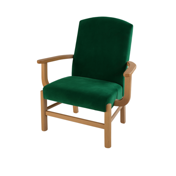 A comfortable green velvet armchair with wooden arms and frame