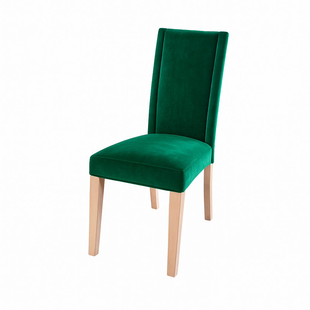 Stylish green dining chair with a comfortable upholstered seat and light wooden legs