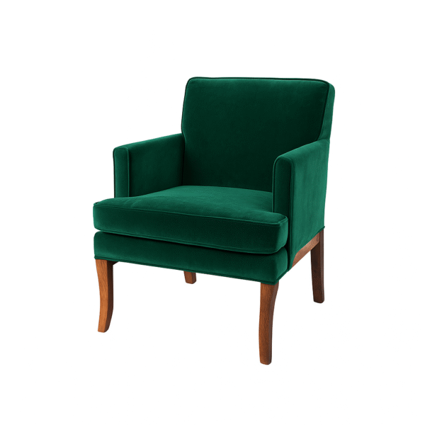 Green velvet armchair with wooden legs, perfect for modern living spaces.