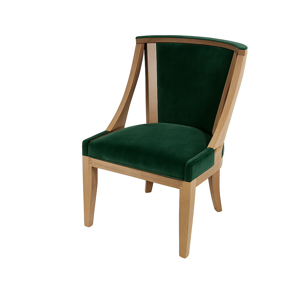 A stylish green upholstered chair featuring a wooden frame, ideal for modern living spaces.