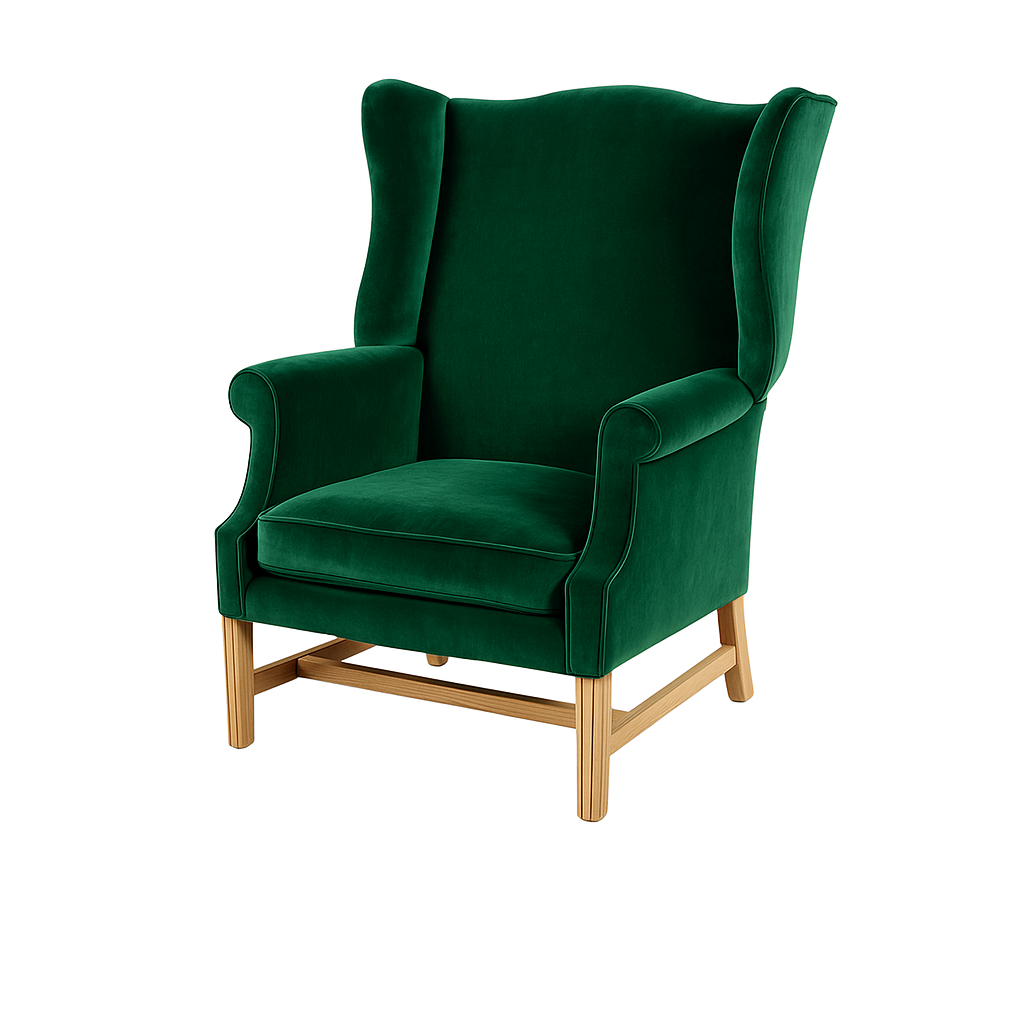 A luxurious green velvet wingback chair with wooden legs.