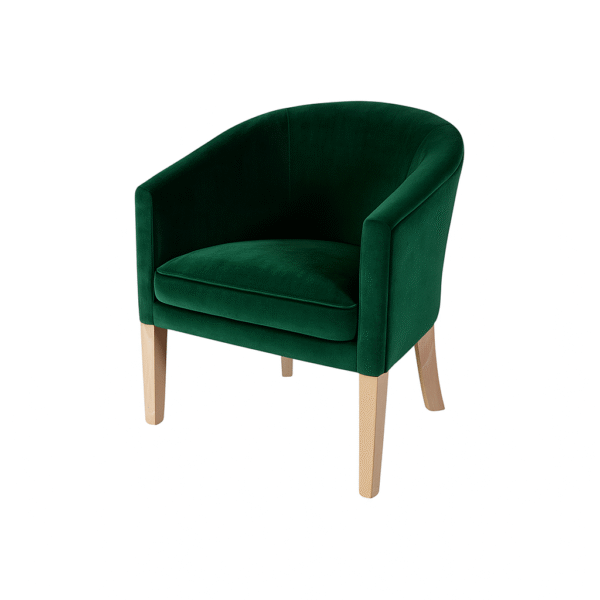 A modern green velvet accent chair featuring a curved back and light wooden legs, perfect for home decor.