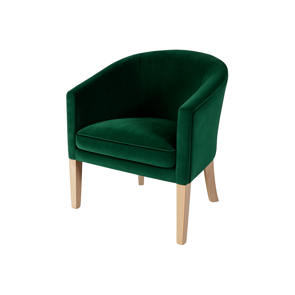 A modern green velvet accent chair featuring a curved back and light wooden legs, perfect for home decor.