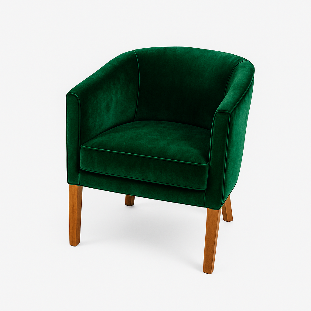 A comfortable green velvet armchair featuring wooden legs, ideal for modern living spaces.