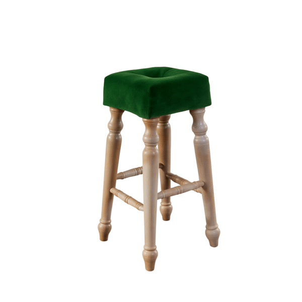 A stylish bar stool with a green velvet seat and wooden legs, designed for modern interiors.