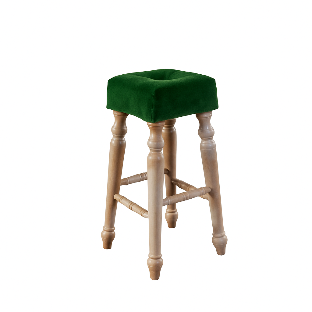 A stylish bar stool with a green velvet seat and wooden legs, designed for modern interiors.