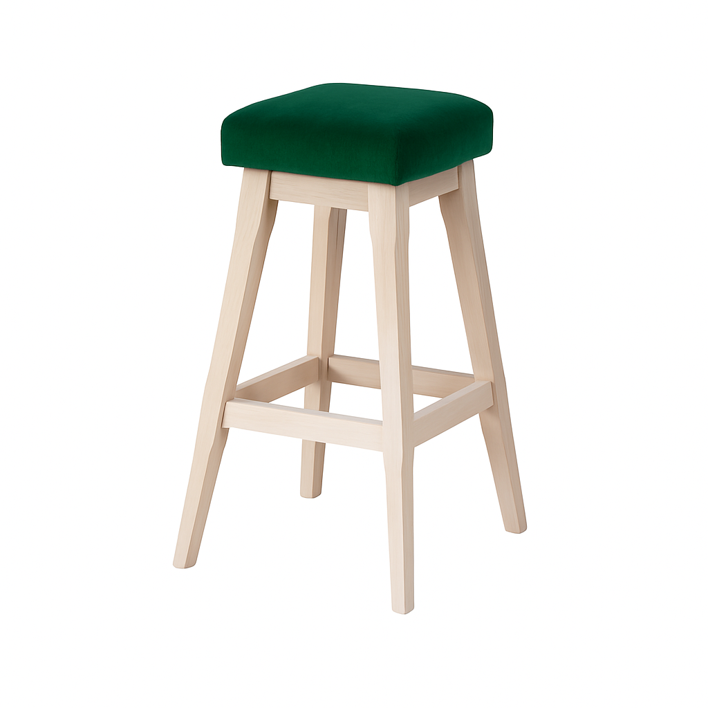 A modern green upholstered bar stool with a light wooden frame.