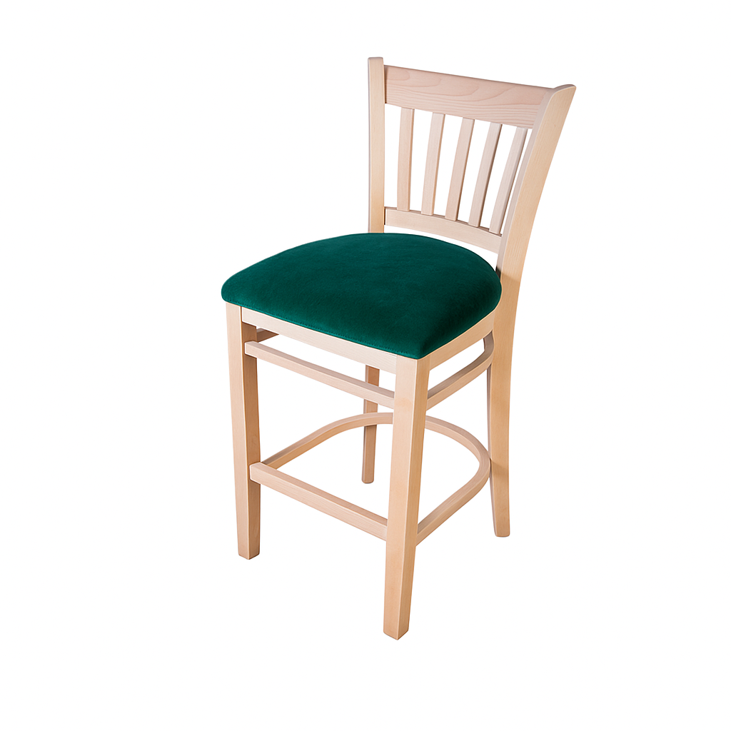 A stylish wooden bar stool featuring a natural finish and a comfortable green upholstered seat.