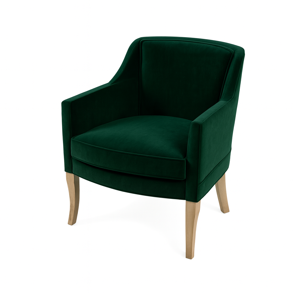 Stylish green velvet accent chair featuring a modern design and wooden legs