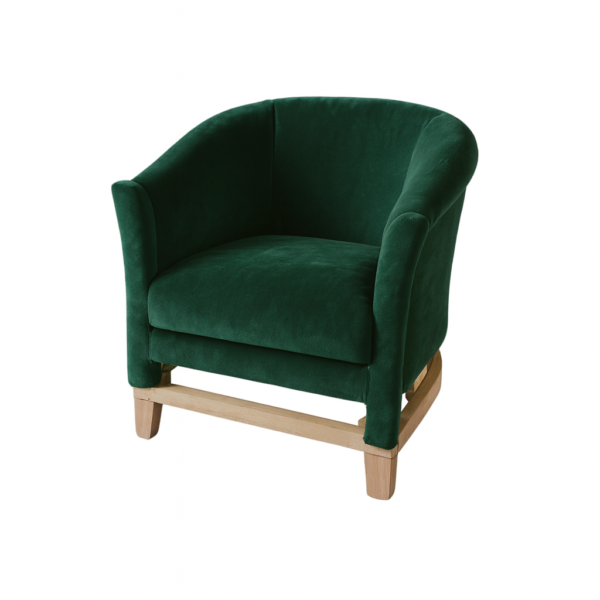Stylish green velvet armchair featuring a wooden frame, perfect for home decor.