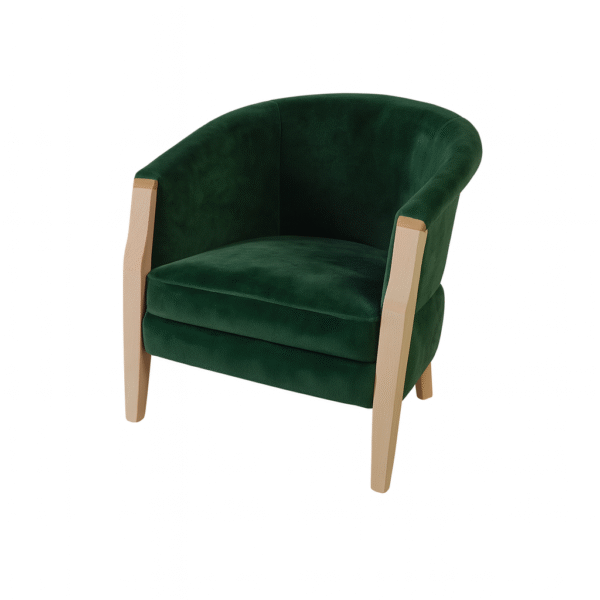 A modern green accent chair with wooden legs, featuring a curved design and plush upholstery.