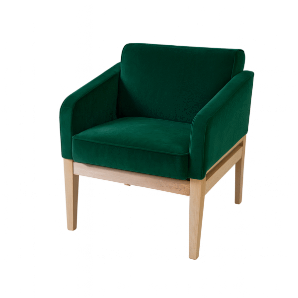 A modern green velvet upholstered armchair featuring a minimalist wooden frame and legs.