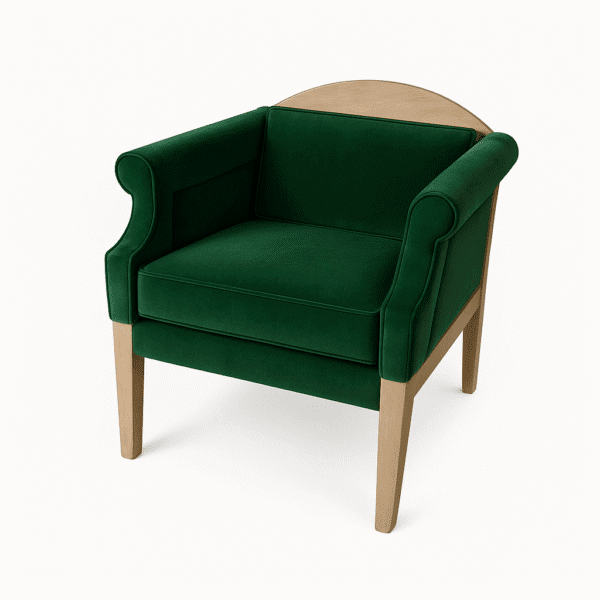A modern green velvet accent chair with wooden legs and armrests