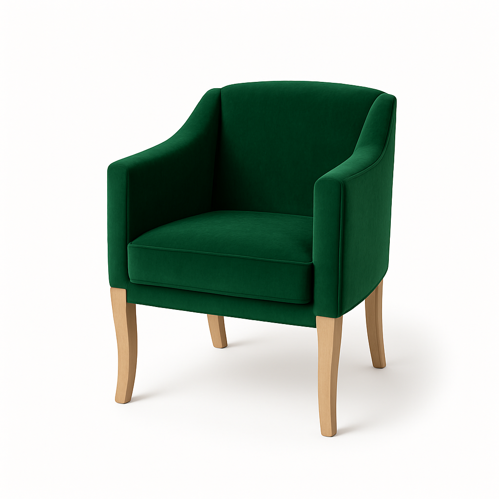A stylish green velvet accent chair with wooden legs, perfect for home decor.