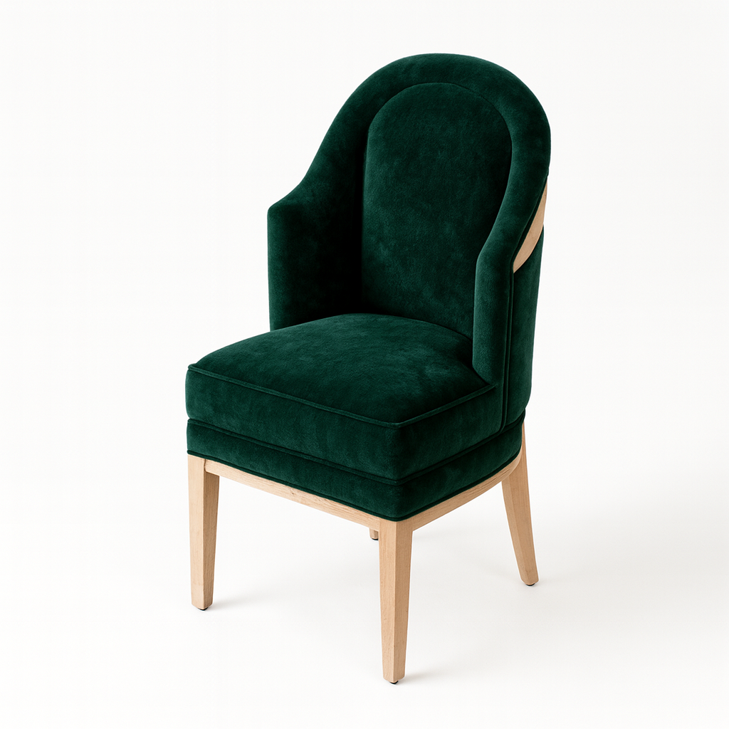 A stylish green velvet chair featuring a high back and wooden legs, perfect for modern decor.