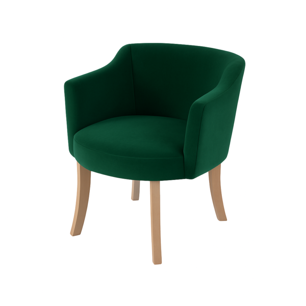 A round green accent chair featuring a cushioned seat and light wooden legs, perfect for modern home decor.