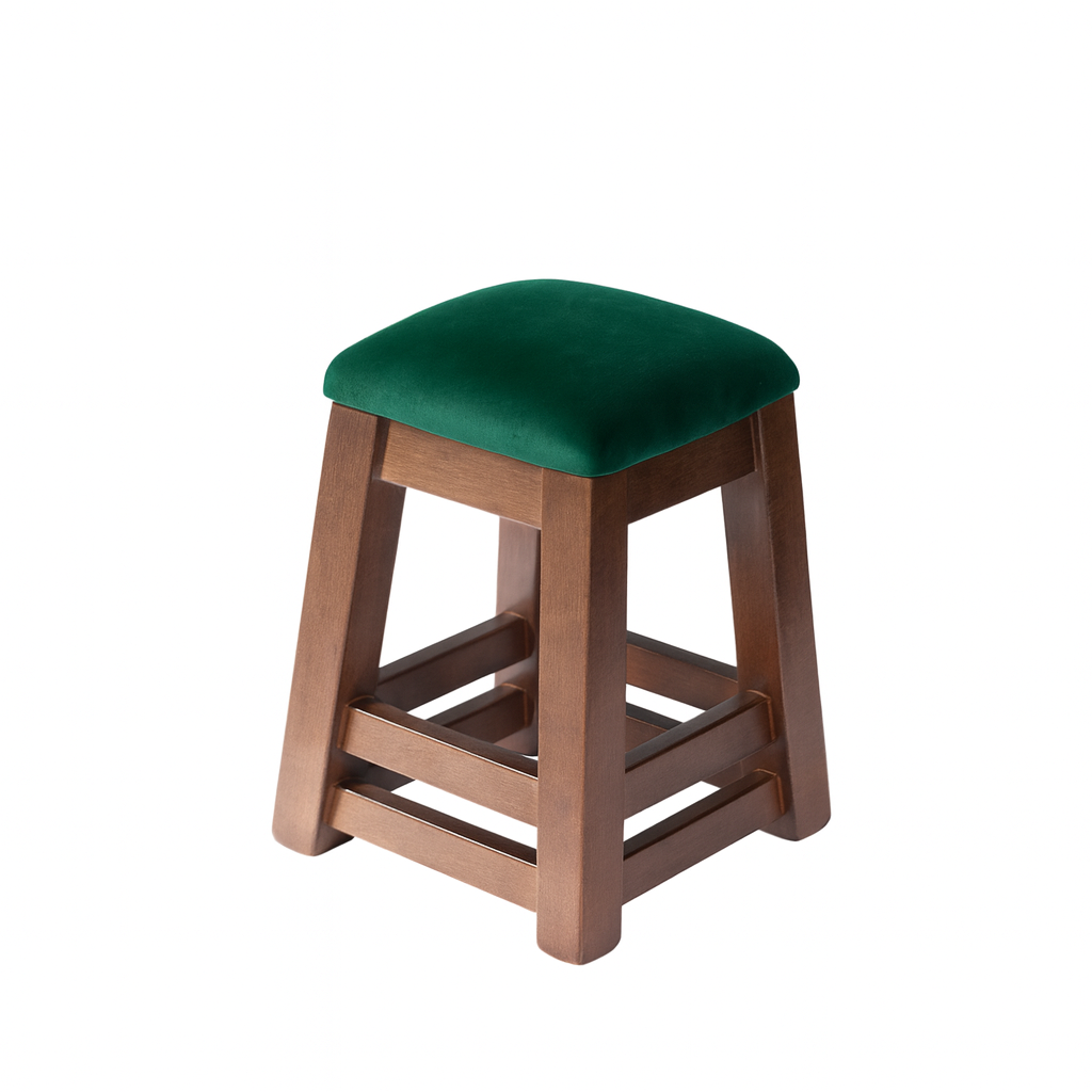 A wooden stool featuring a green upholstered seat, ideal for home or office use.