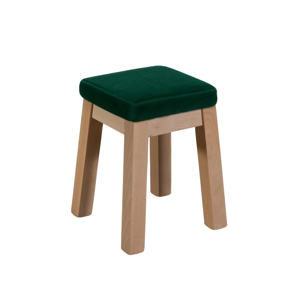 A stylish green velvet stool featuring a square top and natural wooden legs, perfect for home decor.