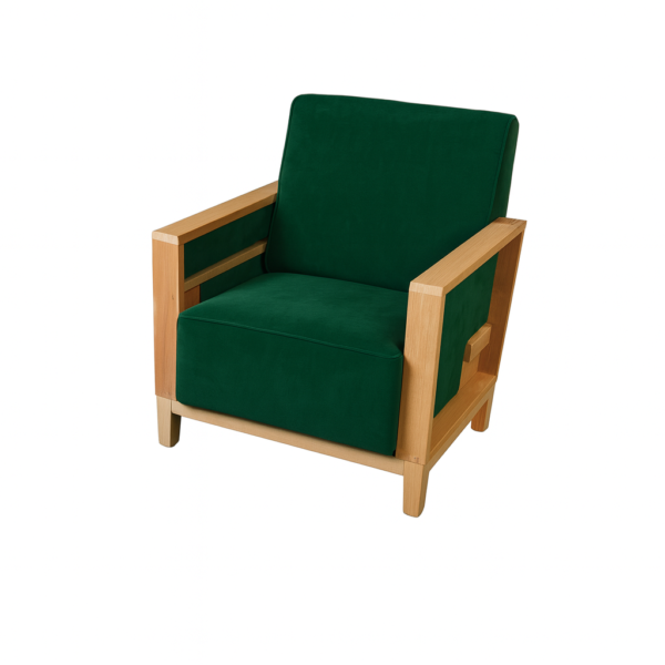 Comfortable green armchair with a modern wooden frame, ideal for living room or office decor.