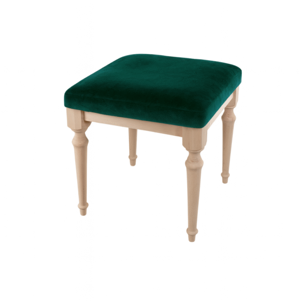 Stylish green velvet stool with wooden legs, perfect for home decor.