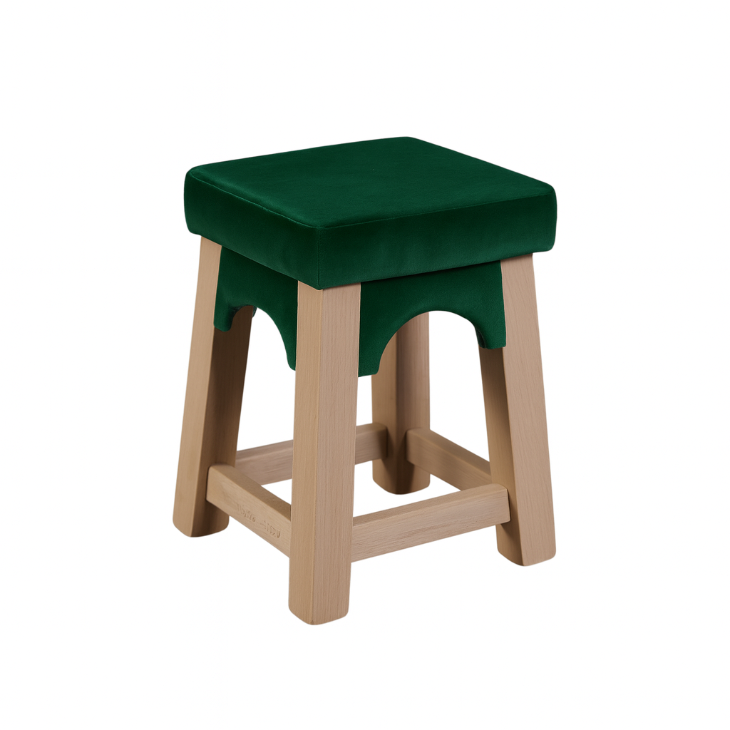 A modern wooden stool with a green upholstered top and a simple leg design.